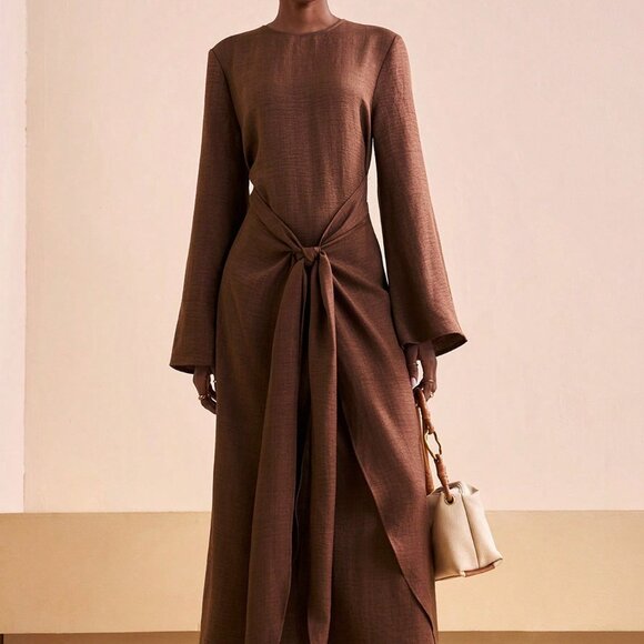 Brown Elegant Women's Long Slim Fit Party Dress - Picture 3 of 8